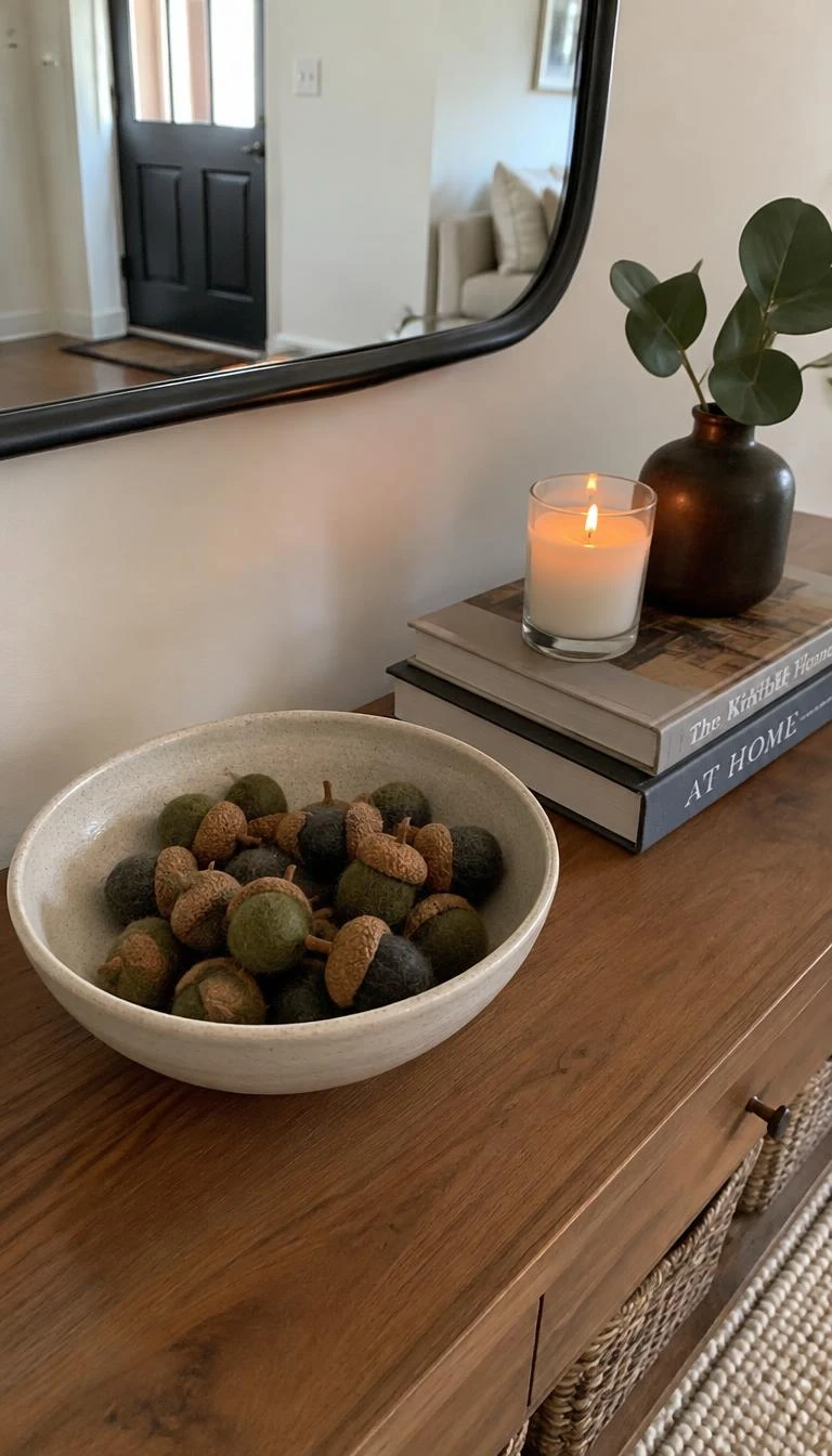 A candid, realistic iPhone photograph of an entryway console table, displaying a shallow stoneware bowl filled with small needle felted olive and charcoal wool acorns fitted into real natural acorn caps.