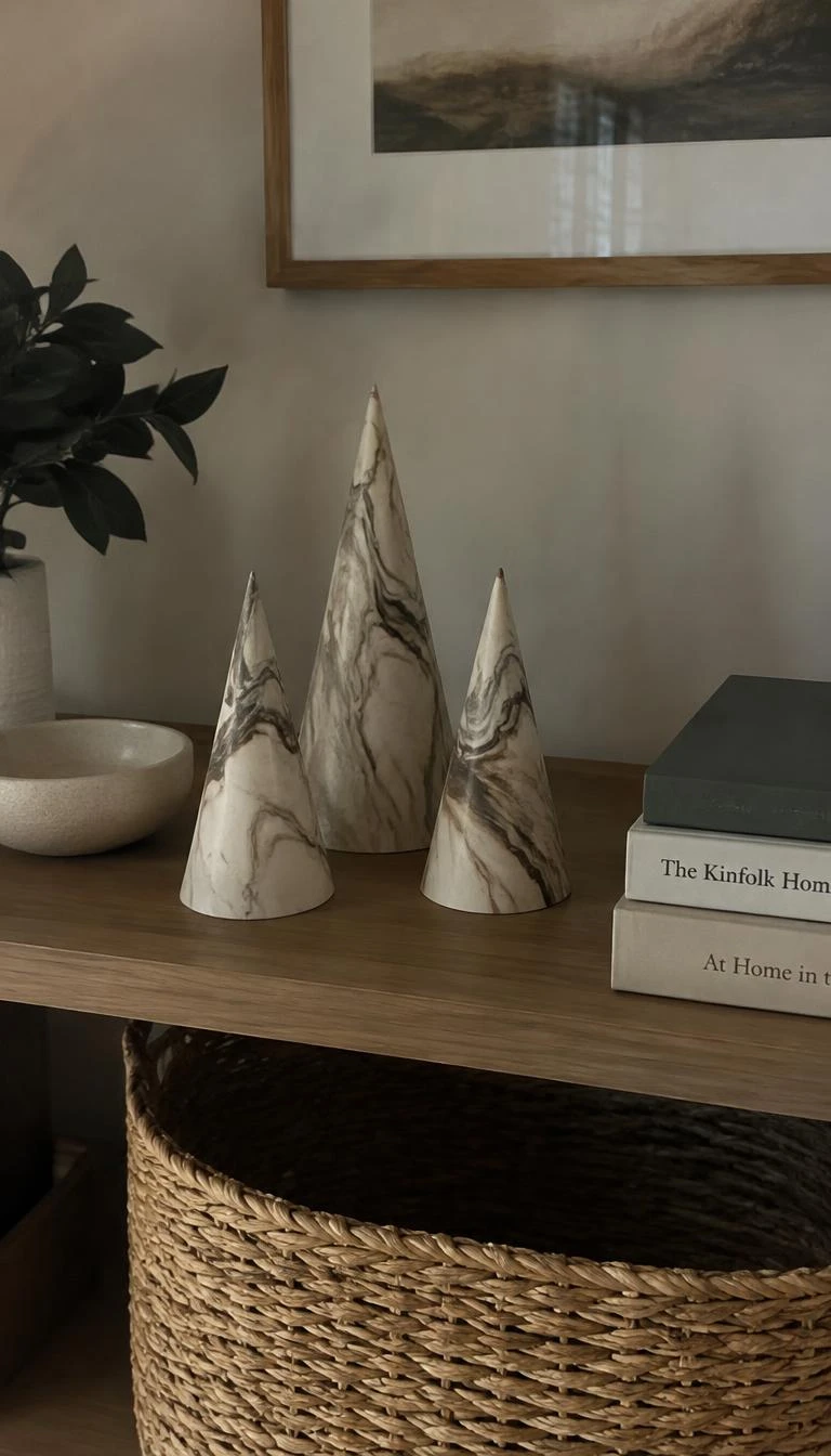 A candid, realistic iPhone photograph of a modern living room shelf, displaying a trio of miniature tabletop paper trees crafted from cone shaped paper marbled with delicate veins of charcoal and raw umber paint.