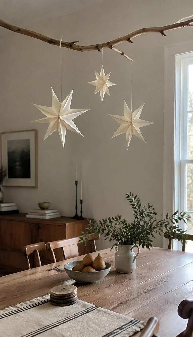 A candid, realistic iPhone photograph of a serene dining room corner, showing three dimensional geometric paper stars folded from thick cream watercolor paper hanging by thin linen threads from a bare oak branch.