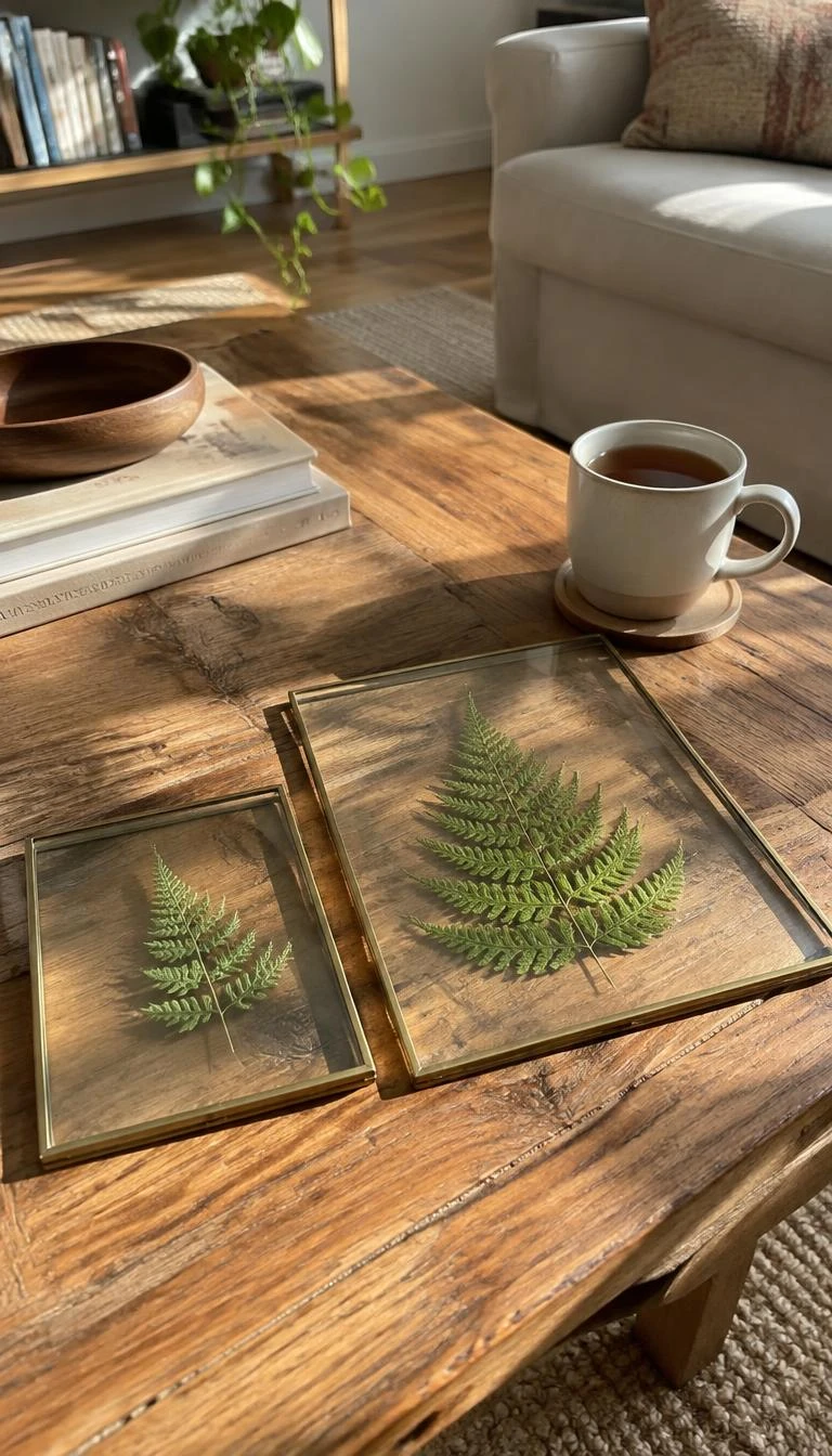A candid, realistic iPhone photograph of a low wooden coffee table in a sunlit living room, displaying delicate pressed evergreen ferns sealed inside clear double glass brass framed frames resting beside a warm mug of tea.