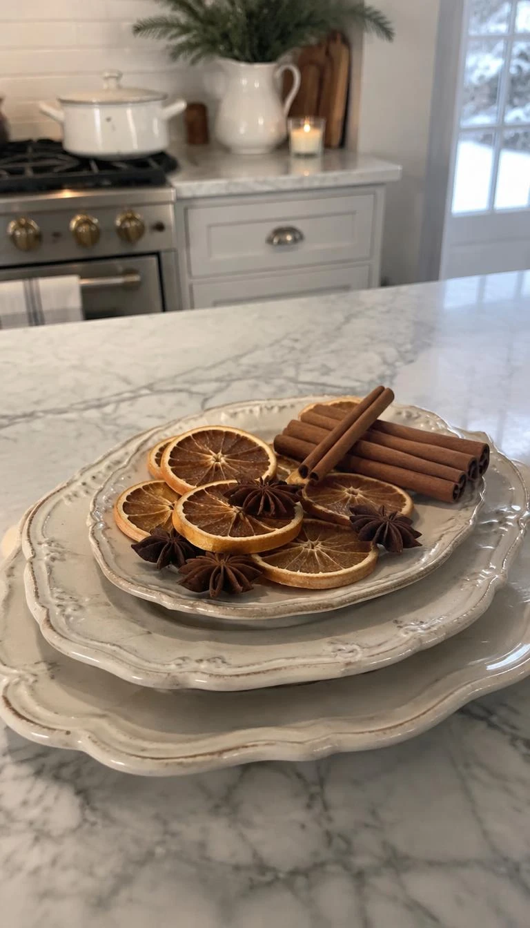 A candid, realistic iPhone photograph of a kitchen island surface, featuring a stack of three antique white ironstone platters, topped with dried orange slices, star anise, and whole cinnamon sticks, diffused winter daylight.