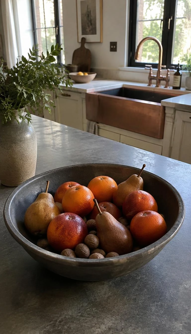 A candid, realistic iPhone photograph of a kitchen island near a copper sink, showing a wide shallow dark gray earthenware bowl filled with blood oranges, brown pears, and whole nutmeg, natural kitchen morning light.