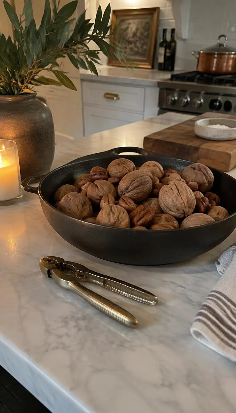 A candid, realistic iPhone photograph of a kitchen island corner, showing a heavy cast iron shallow bowl filled with unshelled walnuts and pecans, paired with an antique solid brass nutcracker, soft cozy lighting.