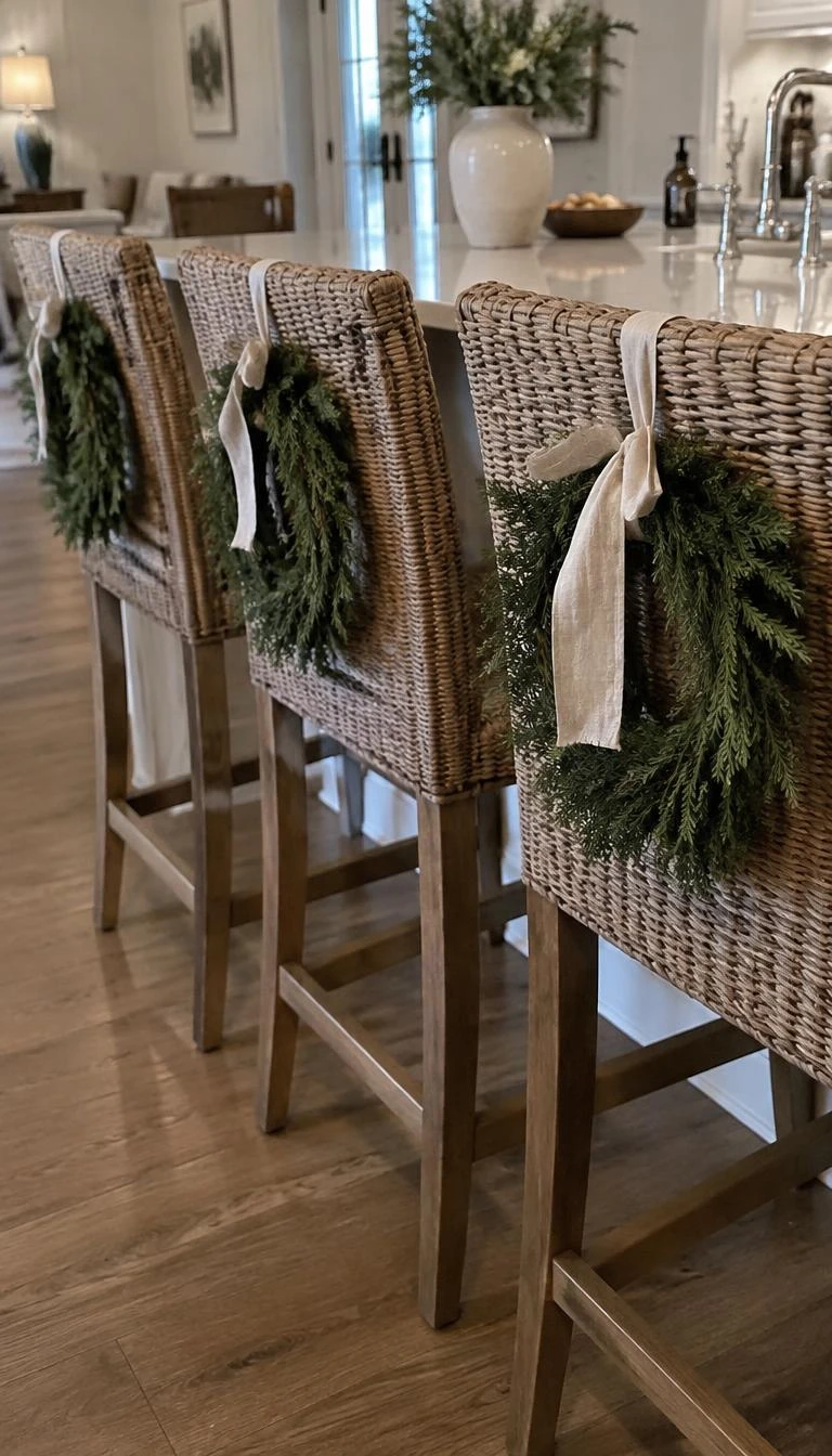 A candid, realistic iPhone photograph of a kitchen island perimeter, showing the woven backs of three counter stools each hung with an eight inch fresh cedar wreath tied with frayed oatmeal linen ribbon, kitchen island counter in background.
