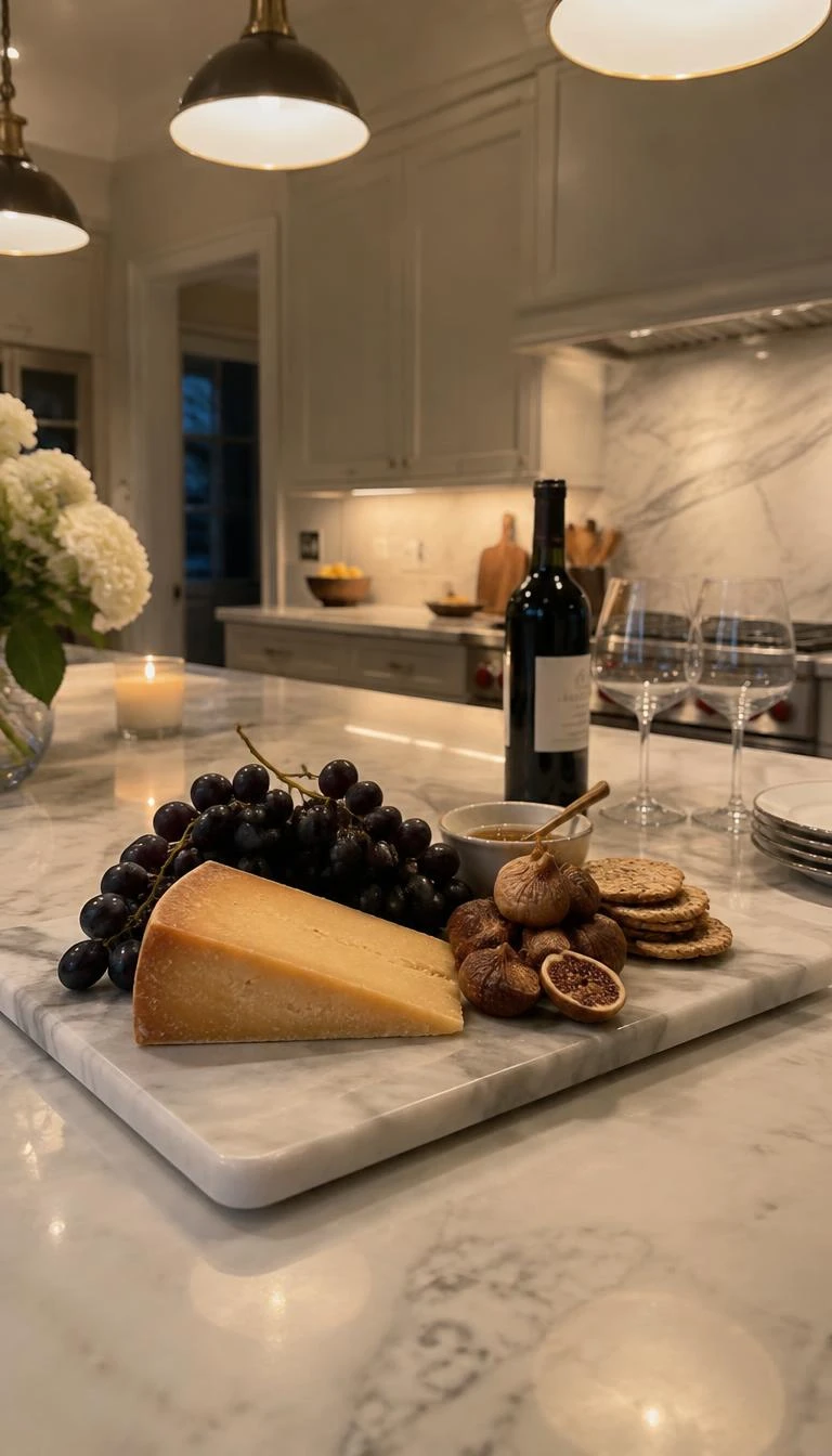 A candid, realistic iPhone photograph of a kitchen island ready for guests, showing a white Carrara marble board topped with a wedge of aged gouda, black grapes, and dried figs, warm kitchen pendant lighting.