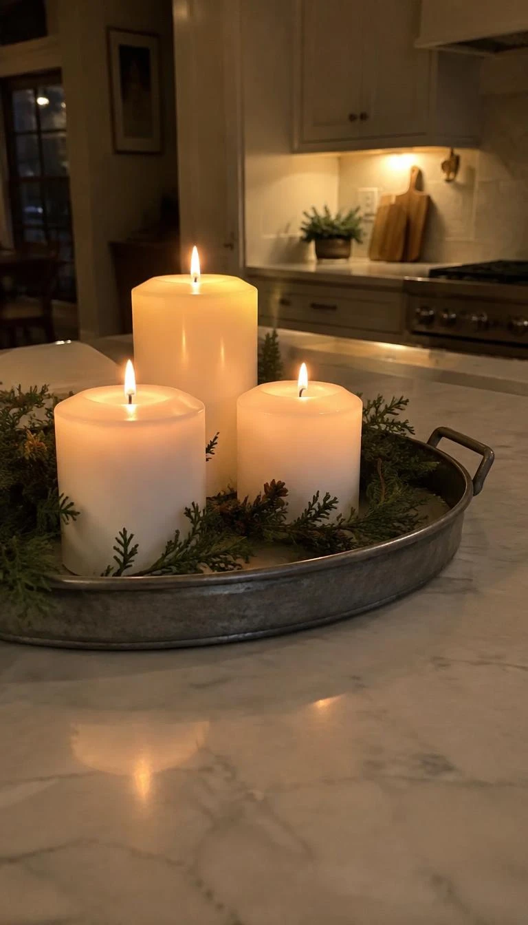 A candid, realistic iPhone photograph of a kitchen island evening, featuring three chunky unscented white pillar candles burning on an antique zinc tray with a few sprigs of hemlock foliage, soft candlelight reflection.