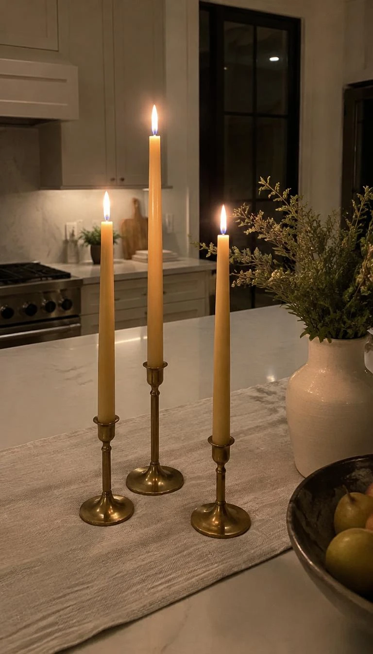 A candid, realistic iPhone photograph of a kitchen island evening setting, showing three solid brass candle holders of varying heights with slender beeswax tapers, soft warm glow illuminating gray quartz countertops and a linen runner.