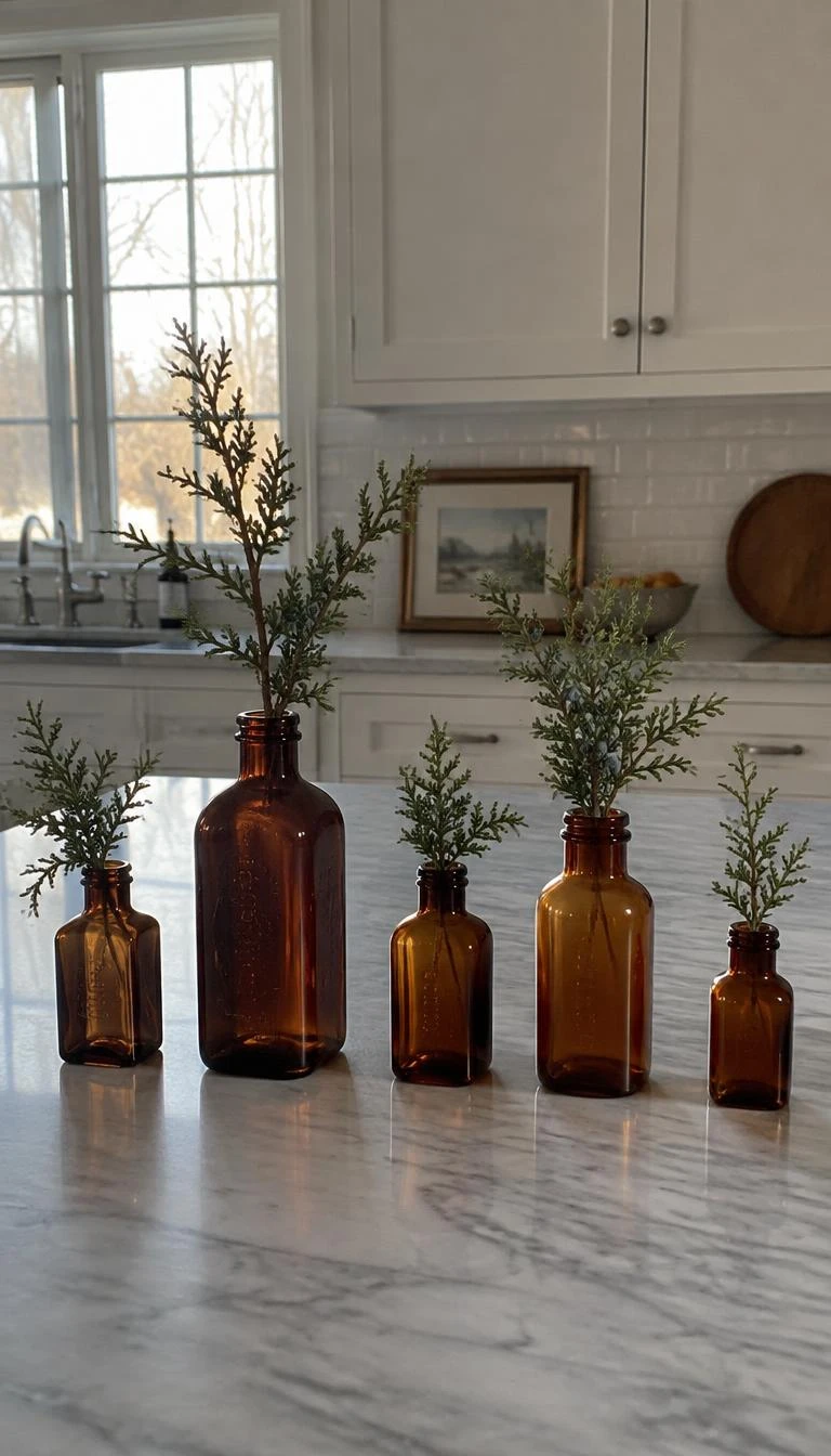 A candid, realistic iPhone photograph of a kitchen island against white shaker cabinets, featuring five vintage amber medicine bottles of staggered sizes, each holding a single sprig of juniper, backlit by window light.