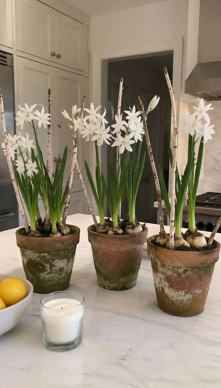 A candid, realistic iPhone photograph of a kitchen island, showing three aged mossy terracotta pots with sprouted paperwhite bulbs and delicate white blossoms supported by thin birch twigs, bright clean kitchen lighting.