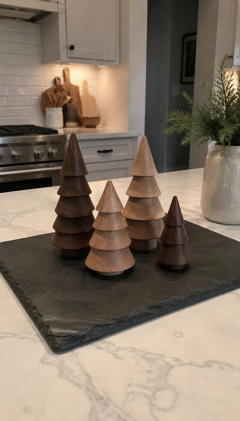 A candid, realistic iPhone photograph of a kitchen island center, featuring four hand turned wood miniature trees in walnut and maple resting on a dark rectangular slate serving board, kitchen interior softly lit.
