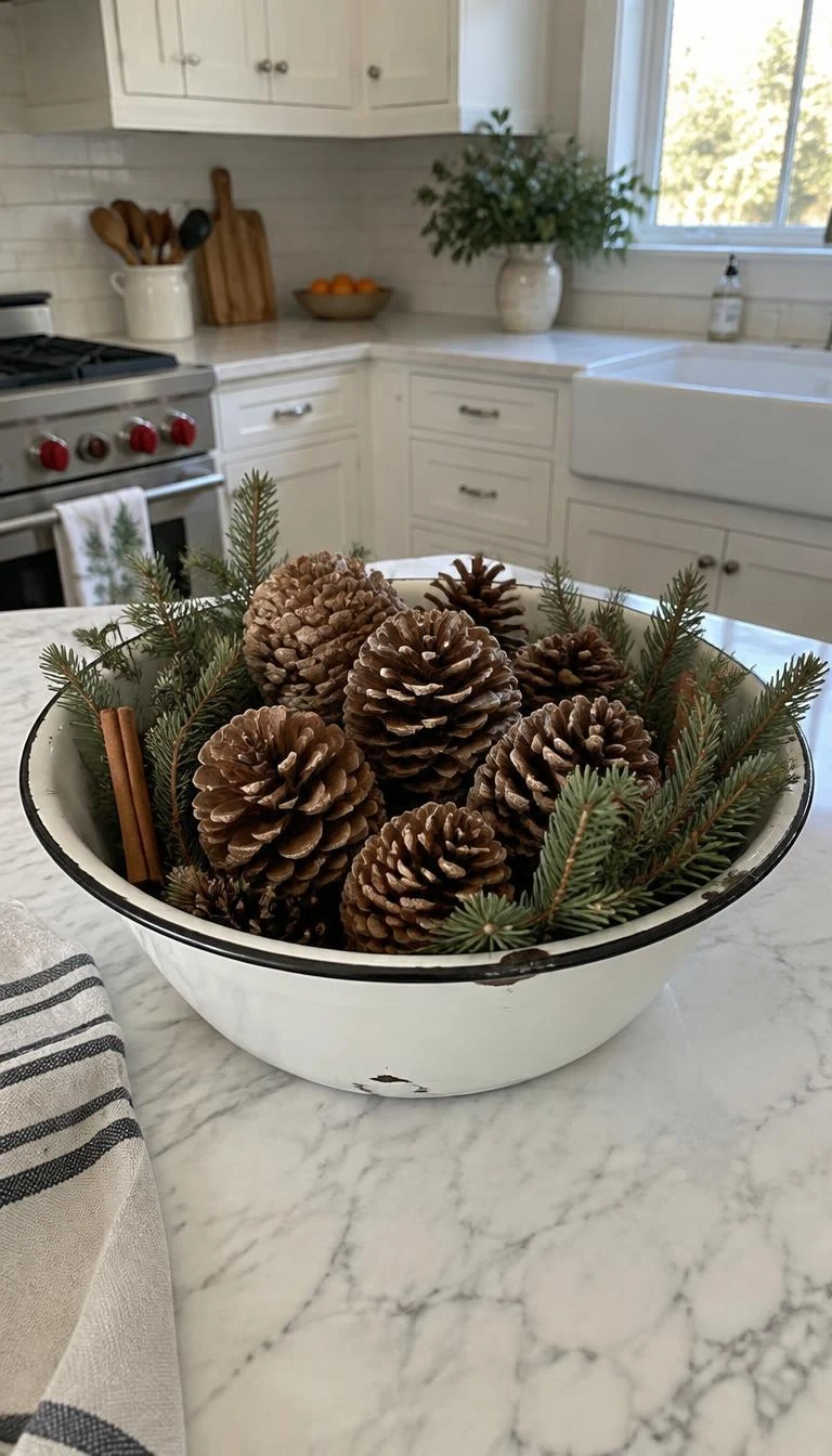 A candid, realistic iPhone photograph of a kitchen island surface, showing a vintage white enamel wash basin with a black rim, filled with sugar pine cones, short spruce boughs, and dried cinnamon sticks, bright daylight.
