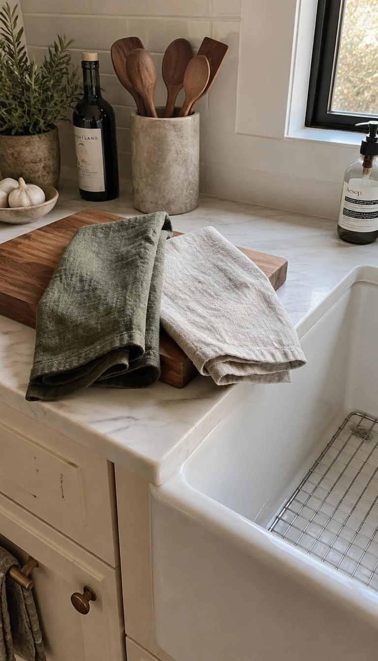 A candid, realistic iPhone photograph of a kitchen island sink corner, showing two pure washed linen tea towels folded in thirds, one moss green and one oatmeal cream, draped neatly over a warm wooden cutting board.