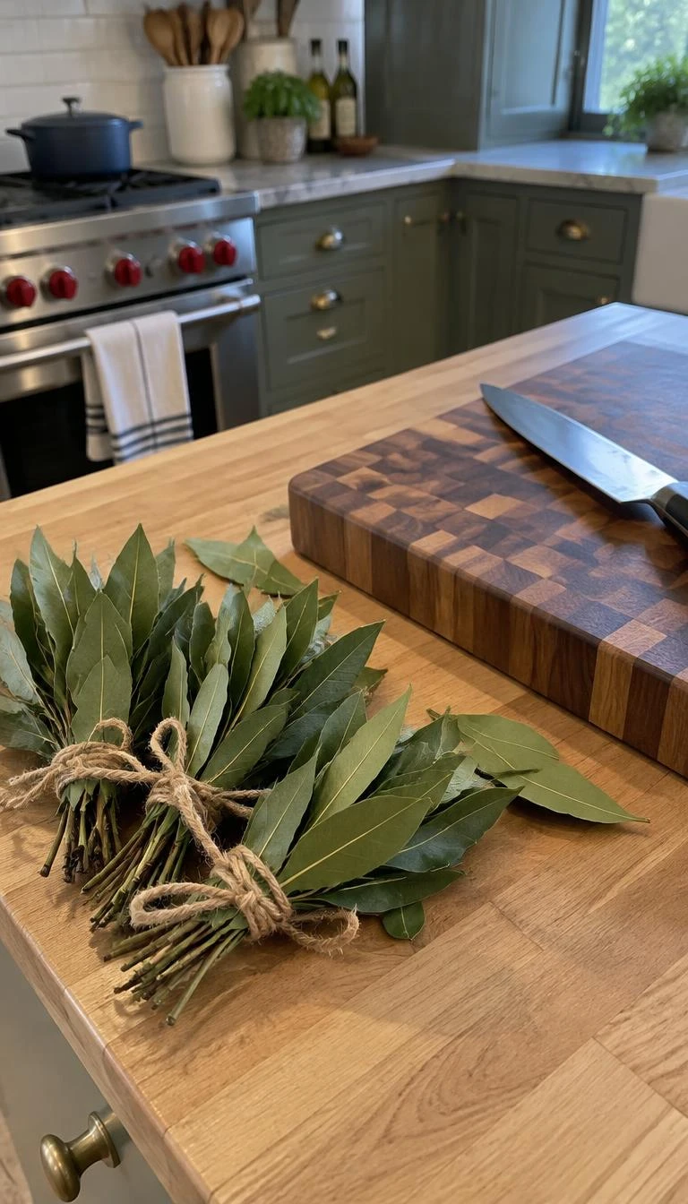 A candid, realistic iPhone photograph of a kitchen island butcher block area, showing bundles of fresh aromatic bay leaves tied with natural jute twine, resting next to an oiled end grain cutting board and chef knife.
