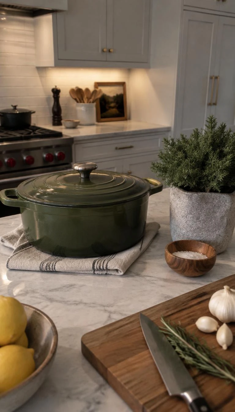 A candid, realistic iPhone photograph of a kitchen island food preparation zone, showing an enameled Dutch oven in dark olive green next to a potted dwarf juniper in a stone pot, soft overhead kitchen light.