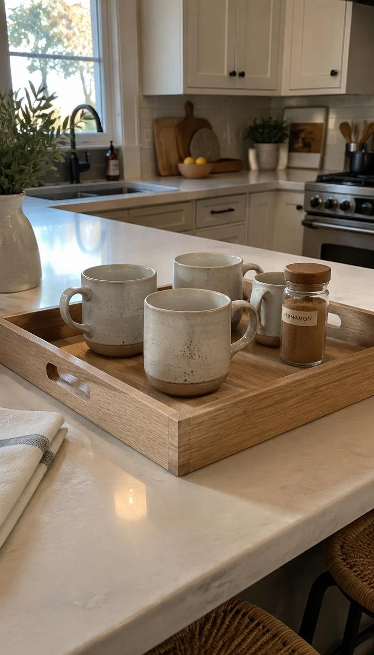 A candid, realistic iPhone photograph of a kitchen island breakfast bar, showing a shallow raw oak tray holding four speckled stoneware coffee mugs and a small jar of cinnamon, morning daylight from a window.