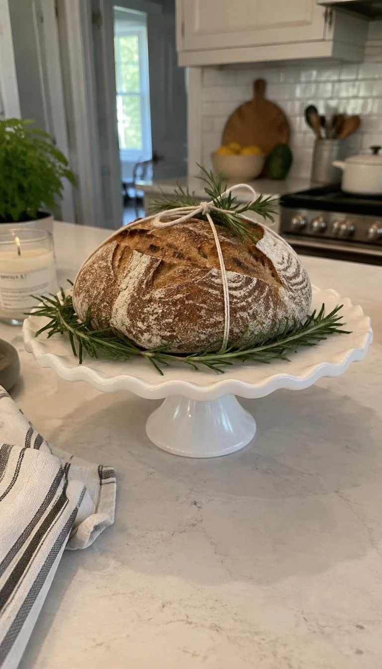 A candid, realistic iPhone photograph of a kitchen island corner, showing a white milk glass pedestal cake stand holding a round sourdough loaf, surrounded by sprigs of fresh rosemary and tied with bakers twine, morning kitchen light.