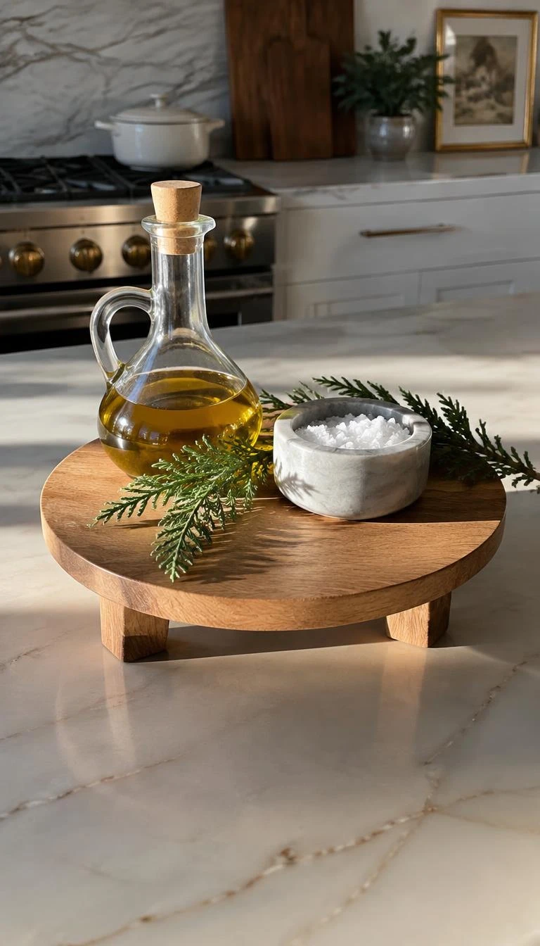A candid, realistic iPhone photograph of a kitchen island center, featuring a round footed oak riser with a glass olive oil cruet, flaky salt cellar, and two sprigs of cedar, morning light catching the smooth wood grain.