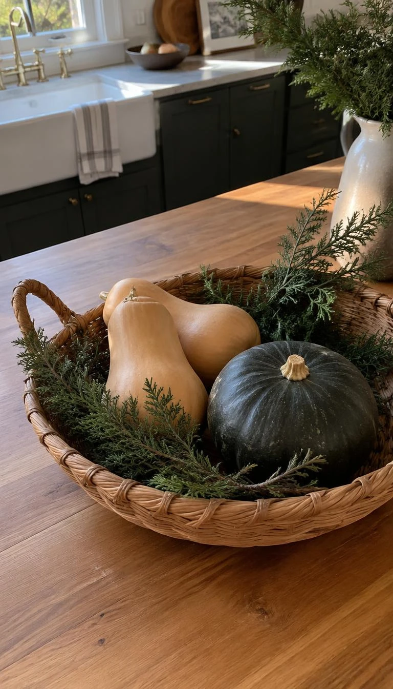 A candid, realistic iPhone photograph of a kitchen island wooden surface, featuring a shallow woven willow gathering basket with two butternut squashes, a kabocha squash, and wild cedar cuttings, warm morning lighting.