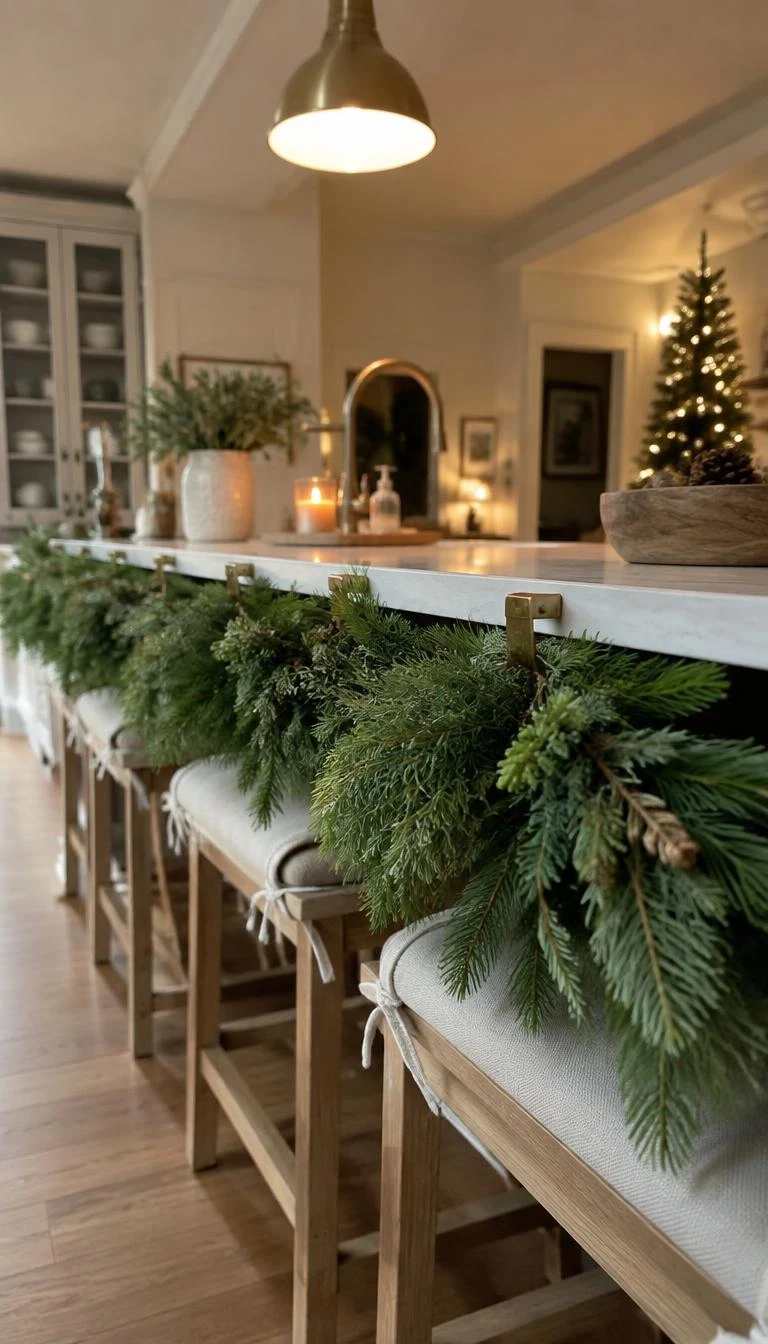 A candid, realistic iPhone photograph of a kitchen island front edge, showing a thick fresh pine and cedar garland secured along the counter overhang with brass clips, stool seating tucked beneath, ambient holiday lighting.