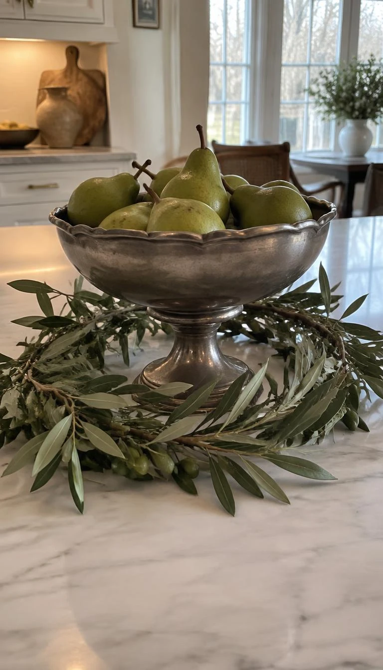 A candid, realistic iPhone photograph of a kitchen island centerpiece, showing an antique pewter footed compote filled with small green pears, surrounded by a loose ring of silvery olive branches, soft winter daylight.