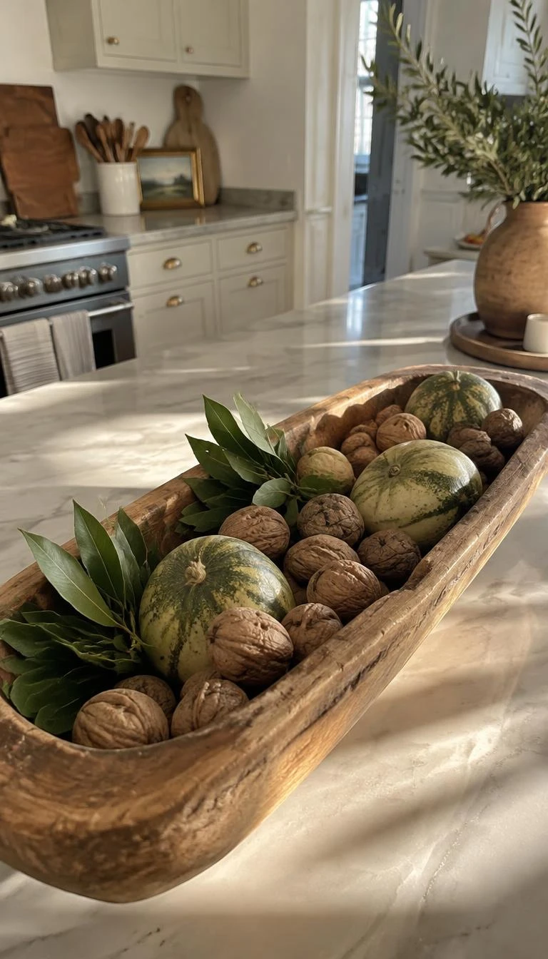 A candid, realistic iPhone photograph of a kitchen island center, featuring a narrow hand carved pine dough bowl filled with bay leaves, whole walnuts in shells, and small pale green gourds, afternoon sun.