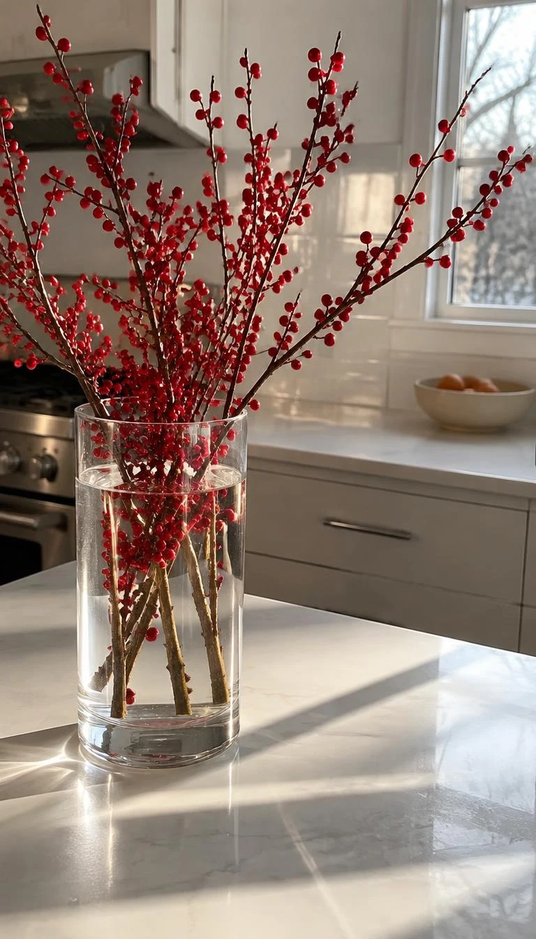 A candid, realistic iPhone photograph of a clean kitchen counter, featuring a clear glass cylinder filled with water and submerged red winterberry branches, morning light casting reflections.