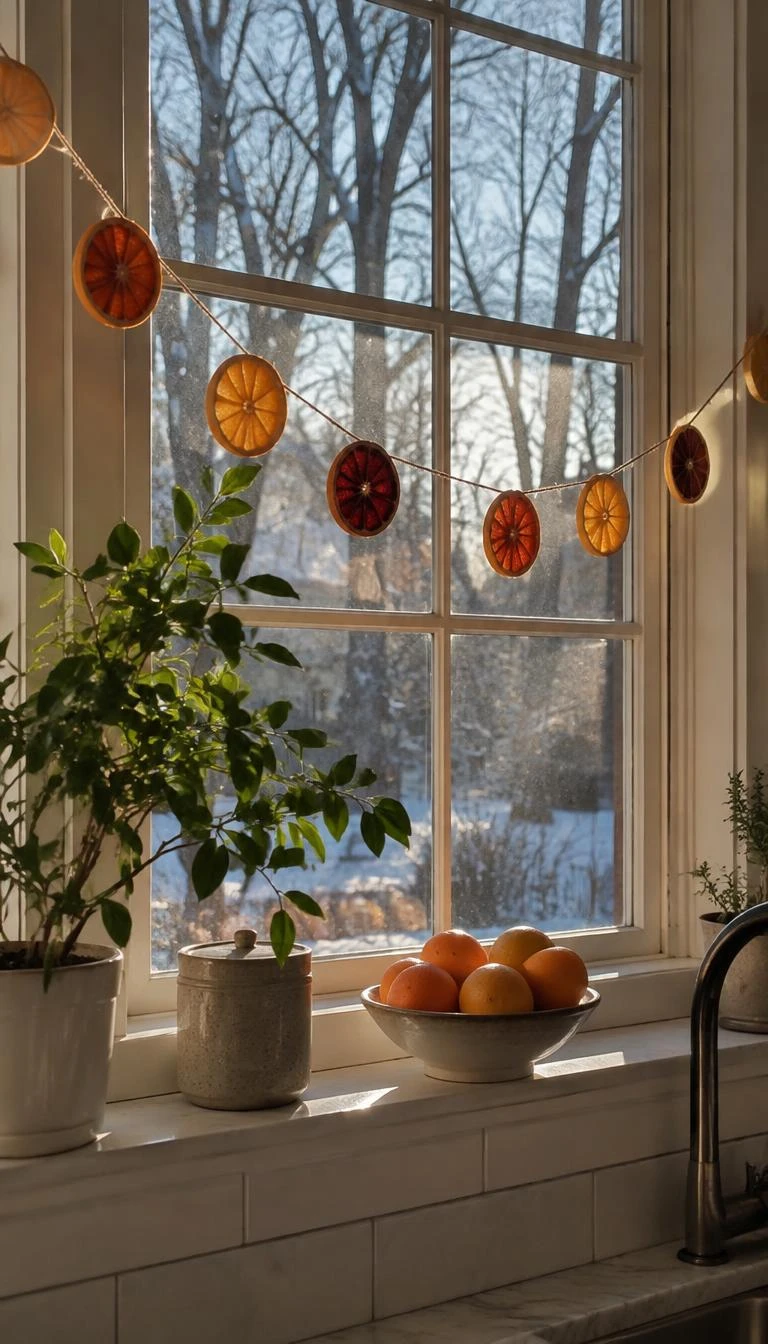 A candid, realistic iPhone photograph of a sunlit kitchen window, strung with a sparse garland of dehydrated blood orange and navel orange rounds on thin cream twine, crisp winter morning.
