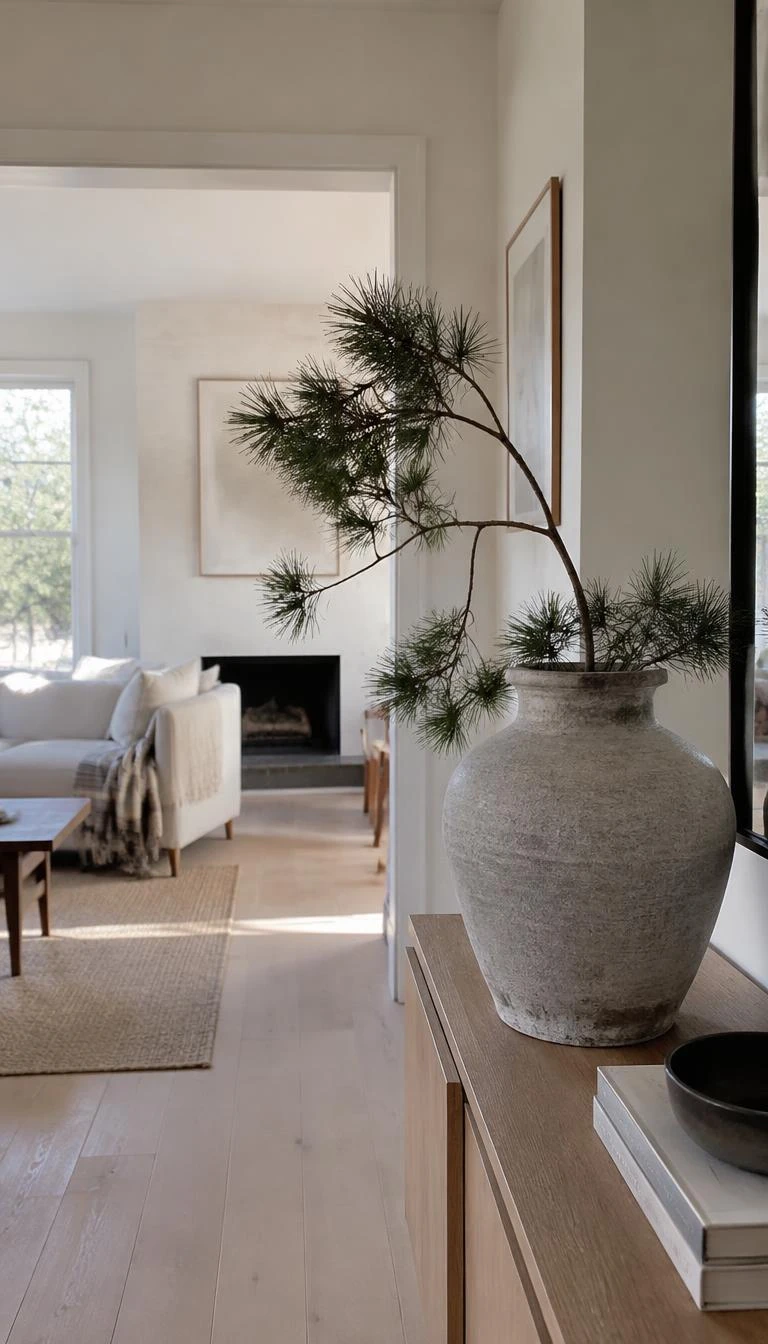 A candid, realistic iPhone photograph of a bright Scandinavian living room, featuring a large textured gray ceramic urn holding a single architectural pine branch on an oak console table, soft morning light, muted tones.