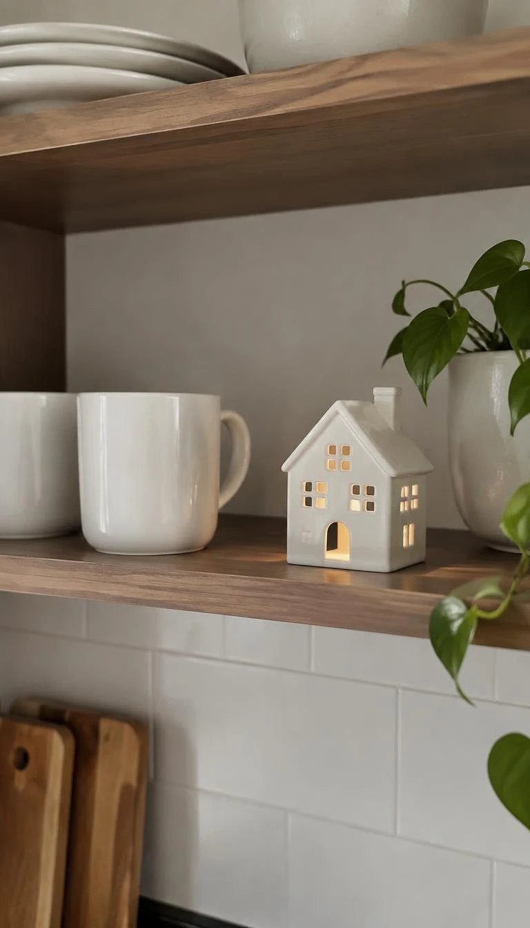 A candid, realistic iPhone photograph of an open walnut kitchen shelf, featuring one matte white ceramic miniature house holding a hidden tea light, plain white mugs nearby, peaceful morning scene.