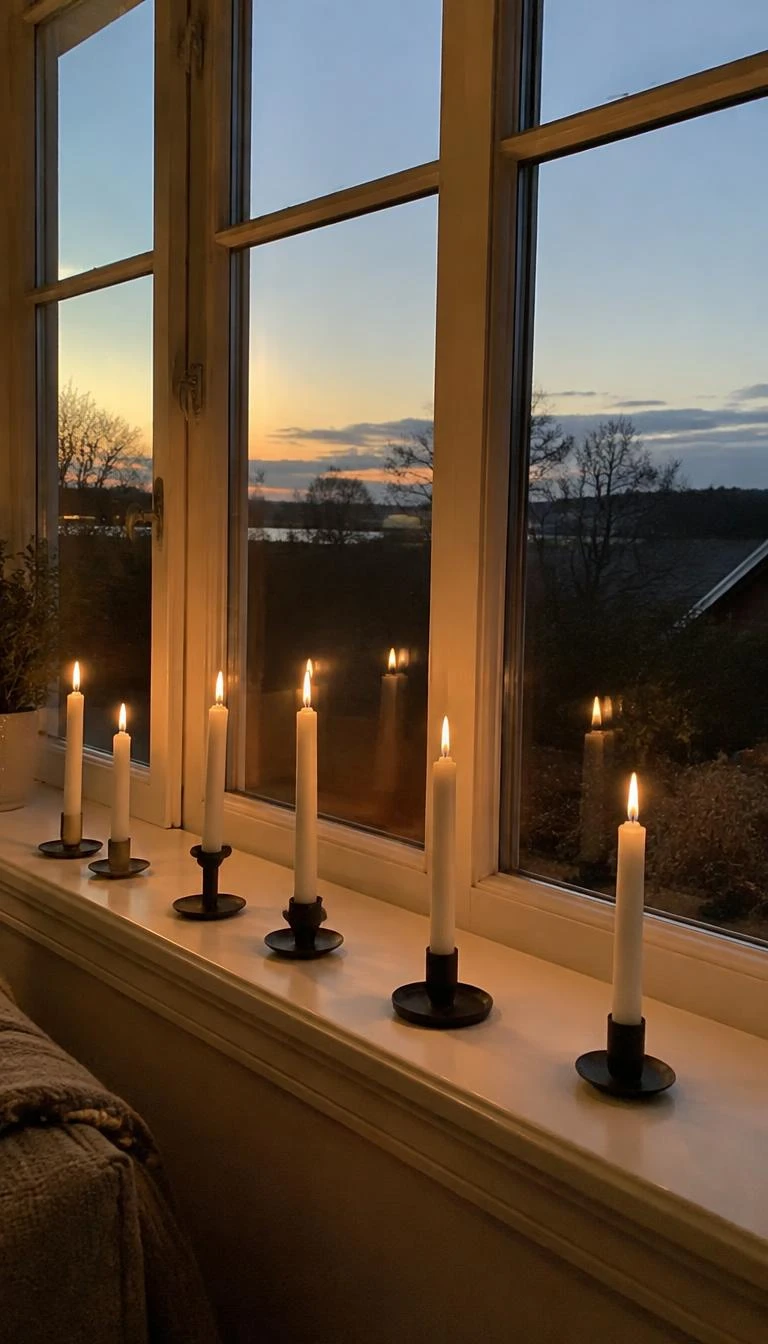 A candid, realistic iPhone photograph of a deep painted white window sill, displaying seven thin white candle sticks in simple cast iron holders against a dusk landscape, cozy warm interior.