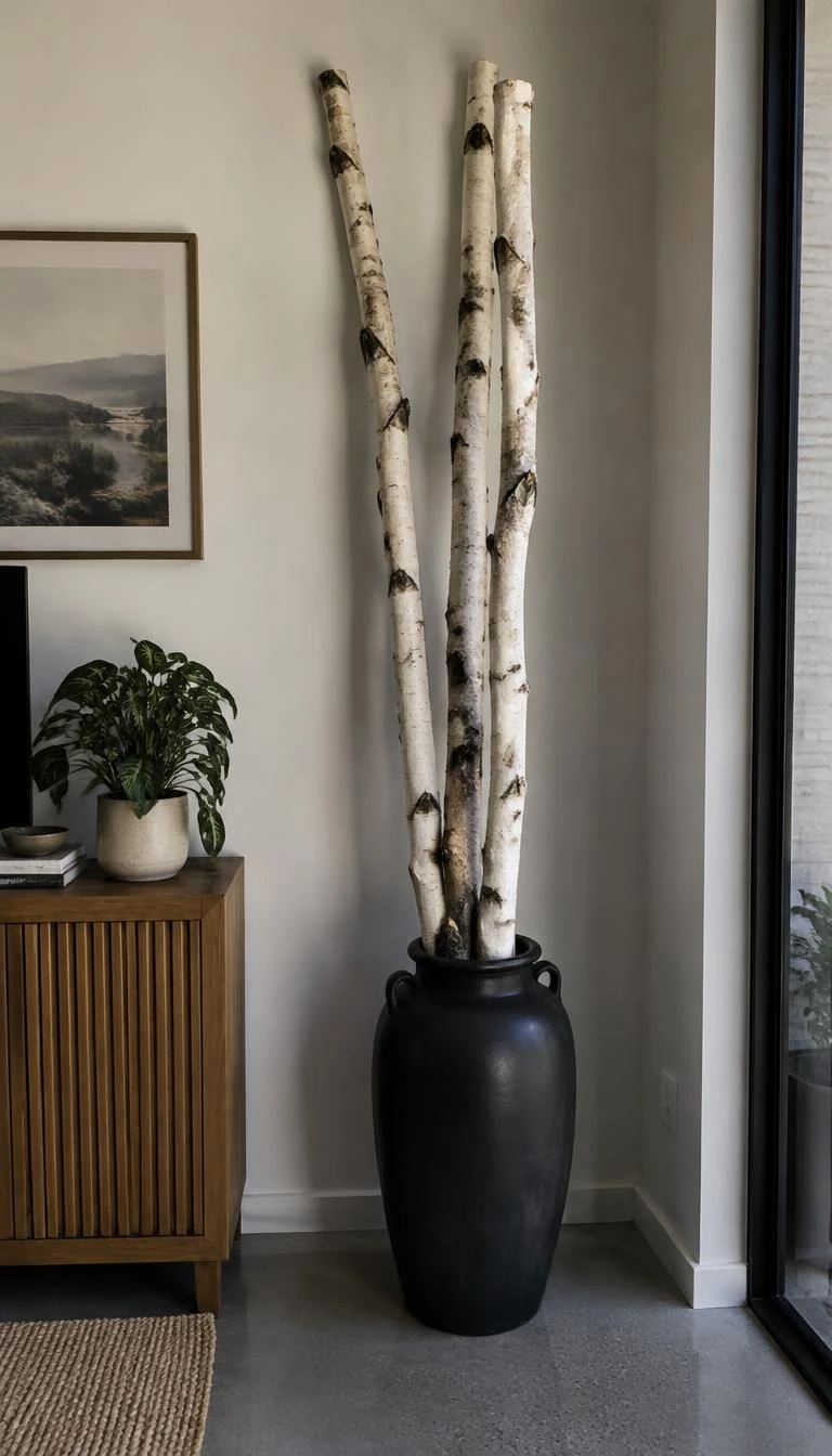 A candid, realistic iPhone photograph of an airy living room corner, showing three tall white birch poles standing inside a matte black floor jug on concrete floors, gentle daylight.
