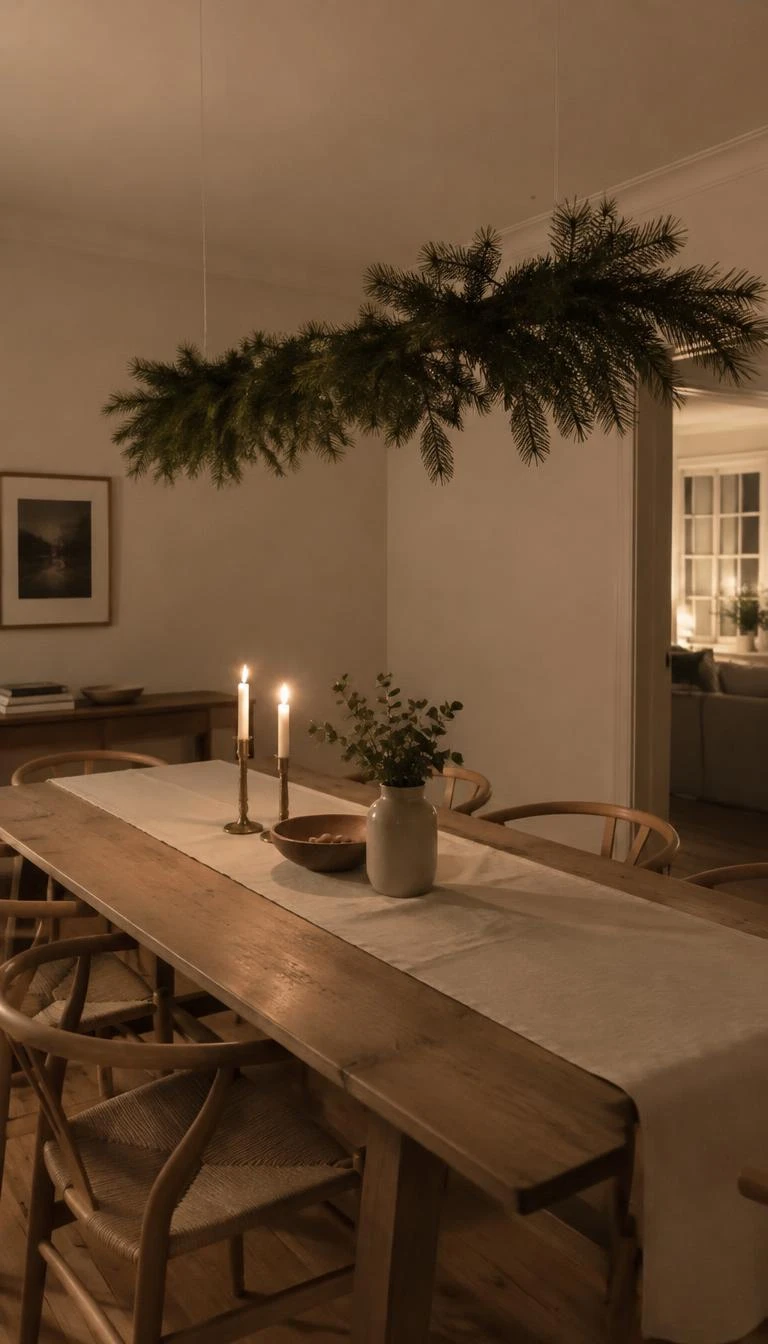 A candid, realistic iPhone photograph of a minimalist dining room, showing a single horizontal pine bough suspended above the wooden table by two fishing line strands, warm evening light.