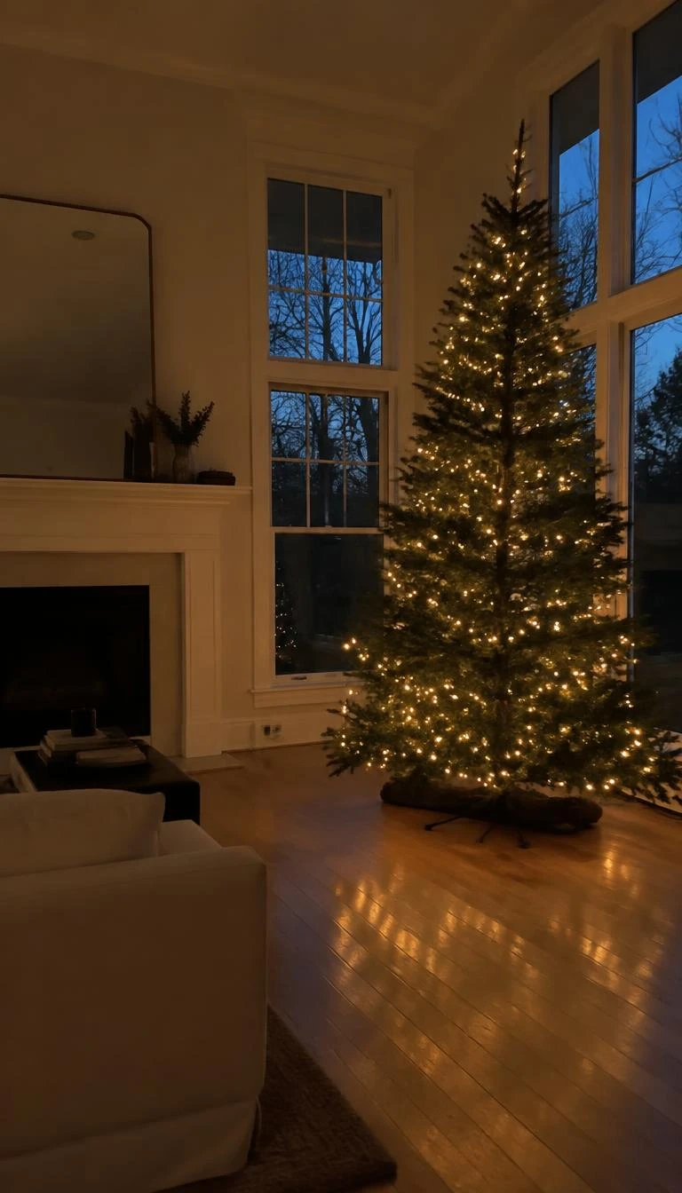 A candid, realistic iPhone photograph of a living room at twilight, featuring a tall, slender Fraser fir decorated solely with warm micro lights, bare wooden floor, peaceful mood.