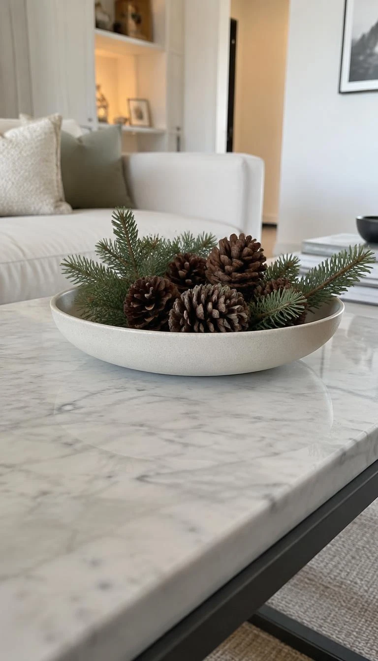 A candid, realistic iPhone photograph of a low marble coffee table, displaying a shallow wide porcelain bowl filled with clean dry pinecones and cedar tips, minimalist bright living room.