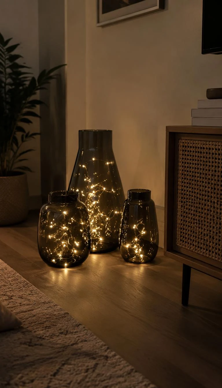 A candid, realistic iPhone photograph of an evening living room corner, displaying a cluster of dark smoked glass vessels containing micro warm white string lights, moody soft glow.