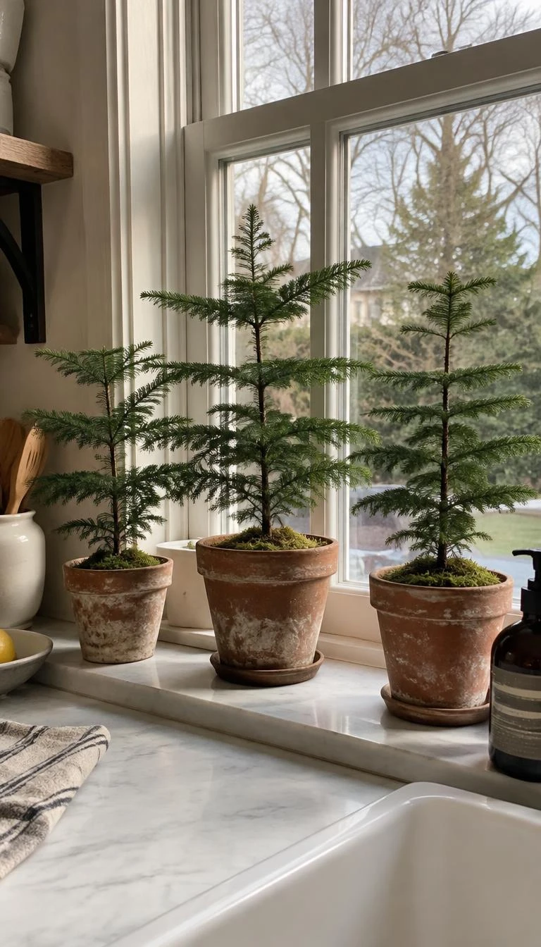 A candid, realistic iPhone photograph of a kitchen windowsill, displaying three miniature Norfolk pines planted in weathered terracotta pots with natural moss, quiet morning light.