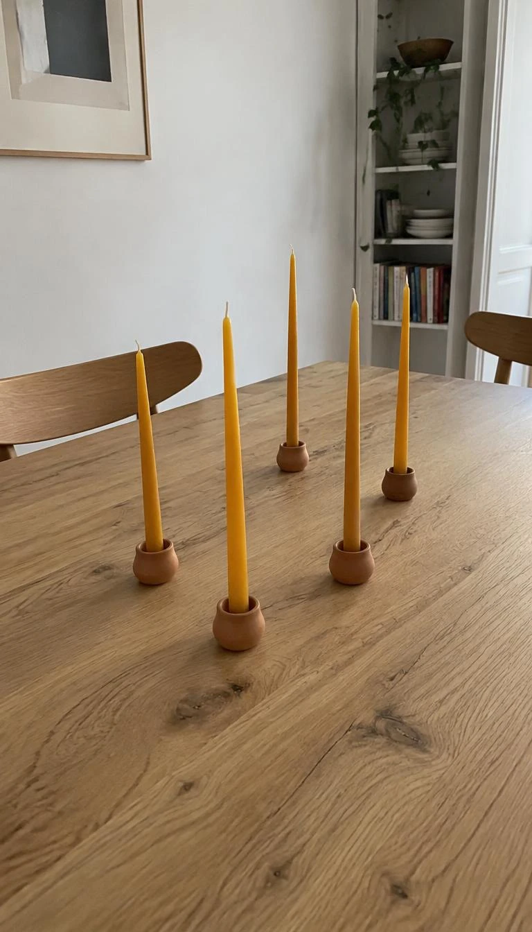 A candid, realistic iPhone photograph of an untreated oak dining table, arranged with five slender golden beeswax taper candles in tiny terracotta holders, natural daylight, minimalist aesthetic.