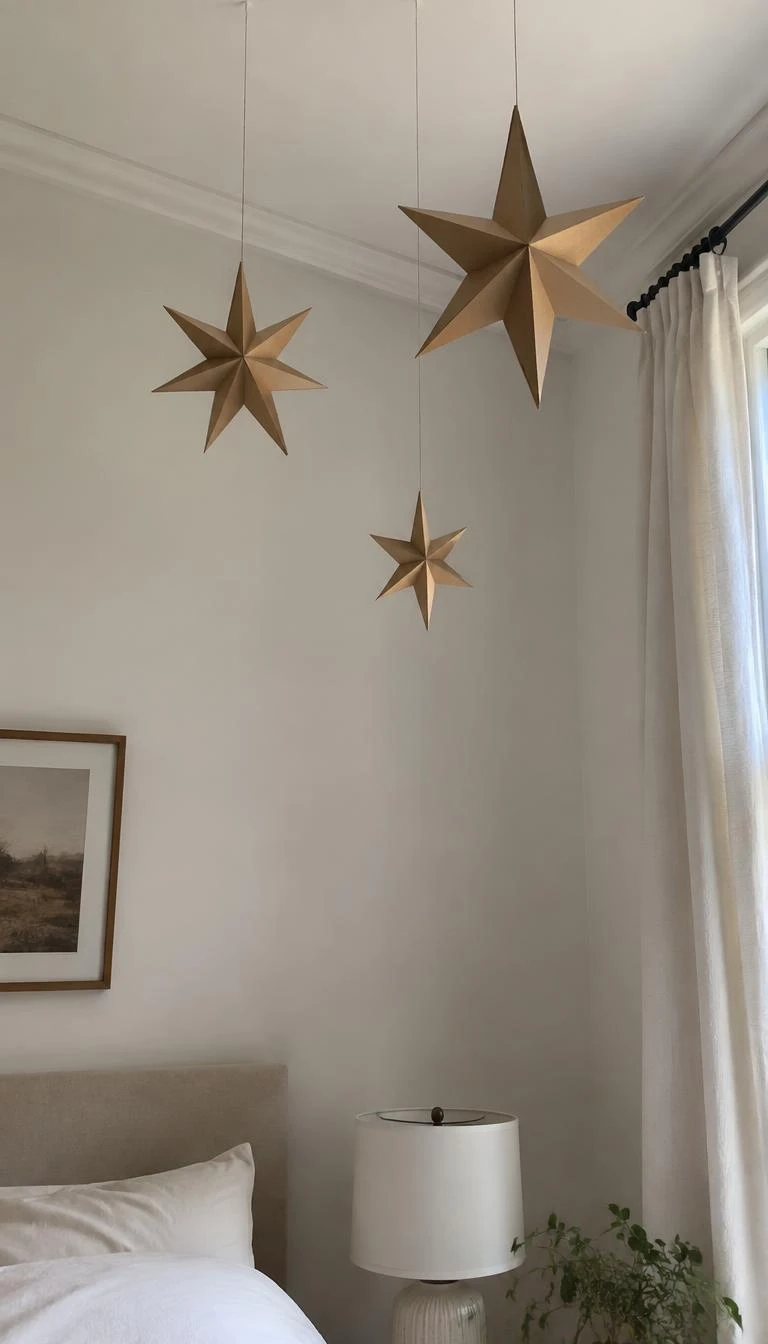 A candid, realistic iPhone photograph of a high ceiling bedroom corner, showcasing three dimensional folded kraft paper stars suspended at different levels from cotton string, soft daylight.