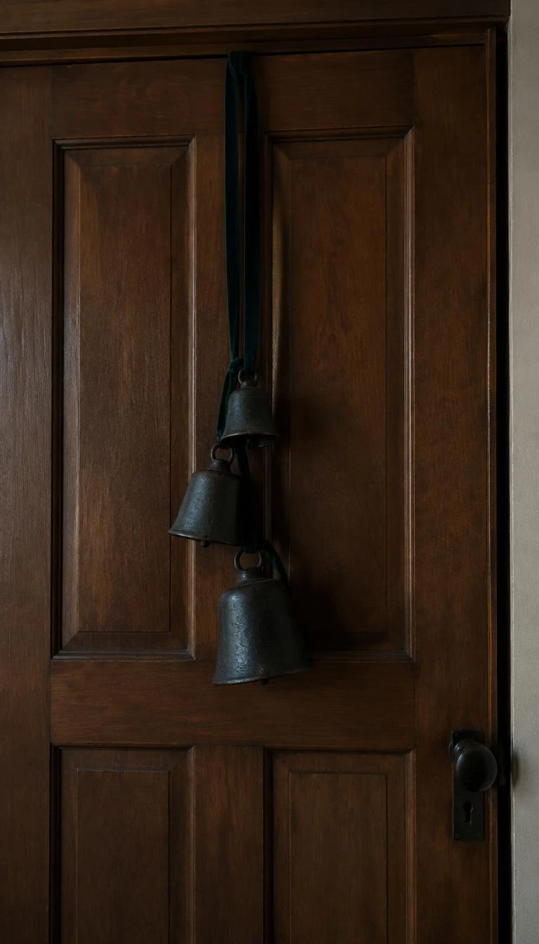 A candid, realistic iPhone photograph of an interior paneled wooden door, accented with three antique matte black iron bells hanging from a thin forest green velvet ribbon, moody natural lighting.