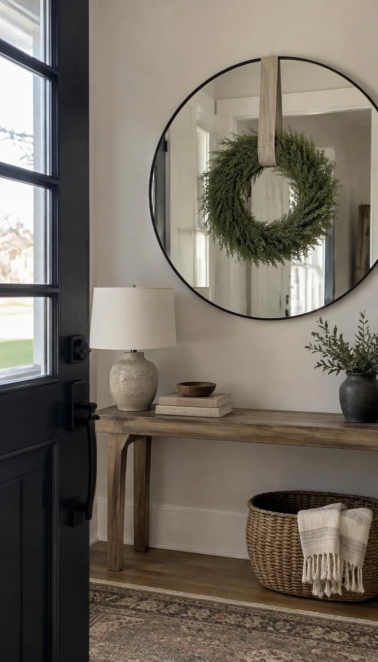 A candid, realistic iPhone photograph of an entryway, featuring a round iron framed wall mirror with a delicate fresh cedar wreath suspended across the center glass by a linen strap, soft daylight.