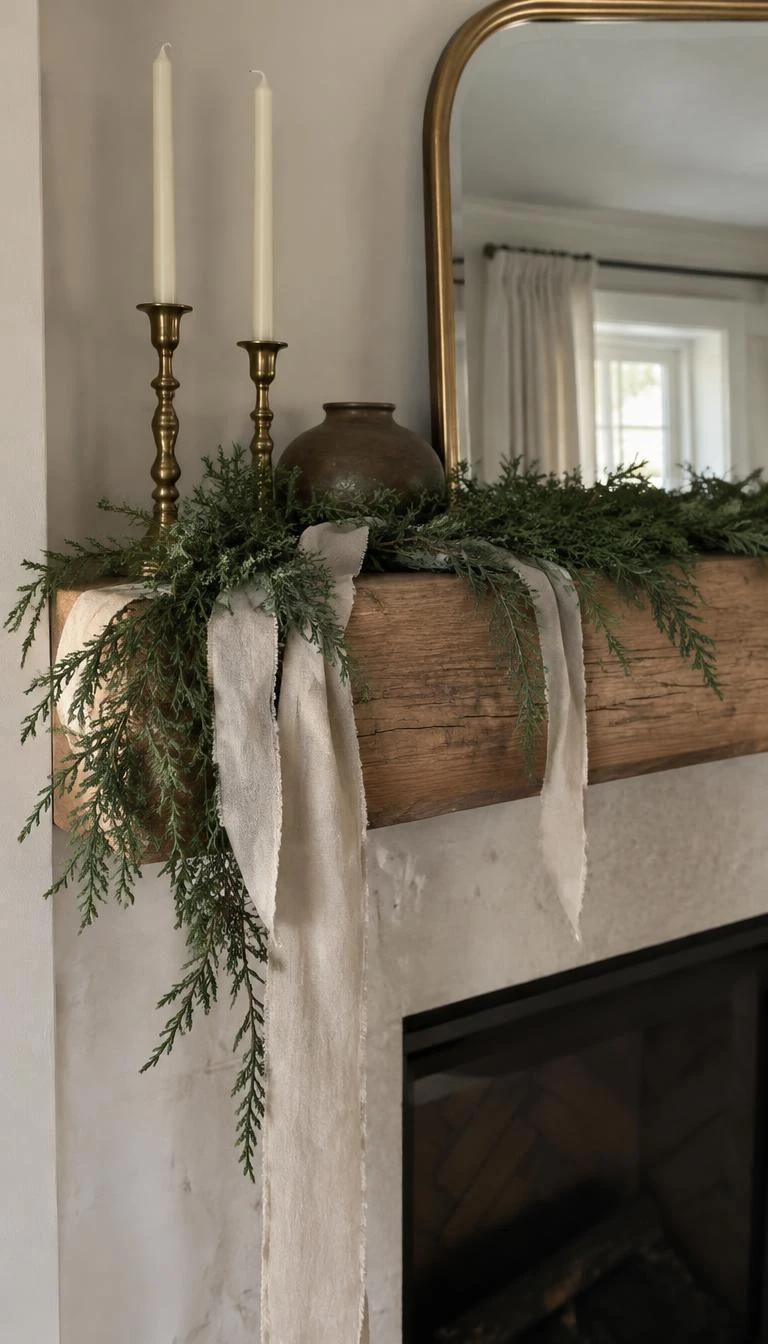A candid, realistic iPhone photograph of a wooden mantelpiece, dressed with sparse juniper clippings and long drooping tails of frayed oatmeal linen ribbon, natural soft light, cozy subdued atmosphere.