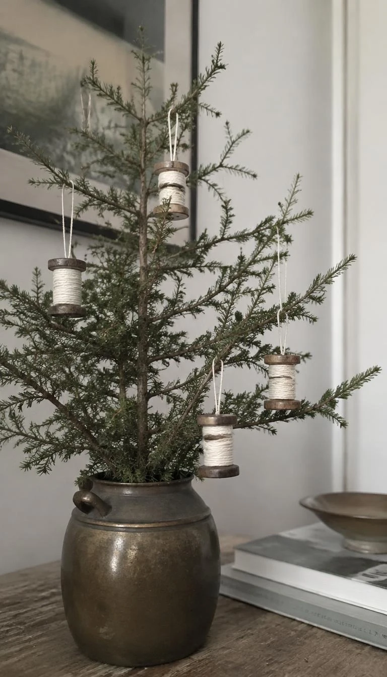 A candid, realistic iPhone photograph of an alpine tabletop tree, showing vintage wooden spools wrapped with cream yarn hanging from thin bare branches, soft diffused light.