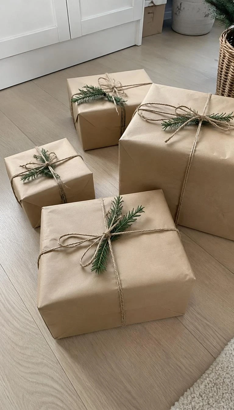 A candid, realistic iPhone photograph of wrapped holiday gifts resting on a light wood floor, using plain brown kraft paper, jute twine, and tucked rosemary sprigs, bright overcast daylight.