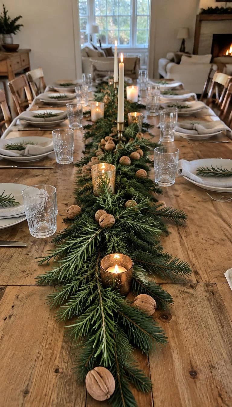 A candid, realistic iPhone photograph of a long rustic dining table, styled with a narrow central flat runner of fresh noble fir and rosemary sprigs, scattered walnuts, warm daylight.