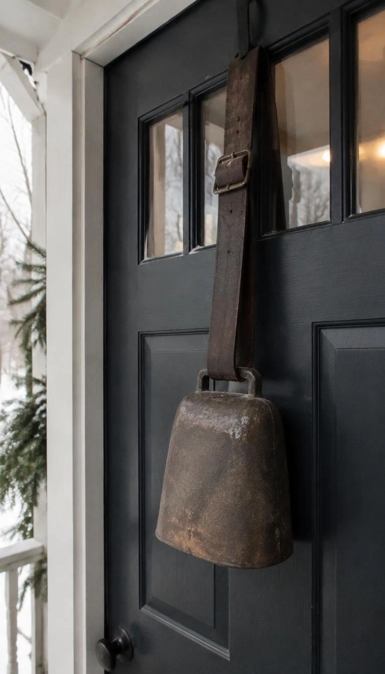 Hang a Solitary Giant Foraged Bell on Exterior Doors A candid, realistic iPhone photograph of a dark painted front door exterior, one large rustic iron cowbell suspended from a wide brown saddle leather strap, winter light, simple porch