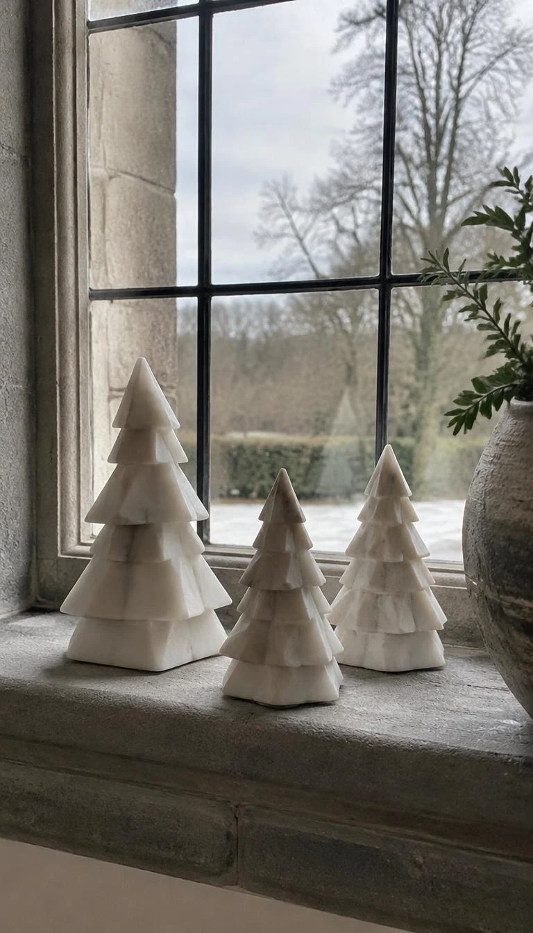 Scatter Sculptural Marble Trees Across Window Sills A candid, realistic iPhone photograph of a deep stone window sill, three small carved white marble Christmas trees with sharp geometric facets, soft grey winter daylight outside