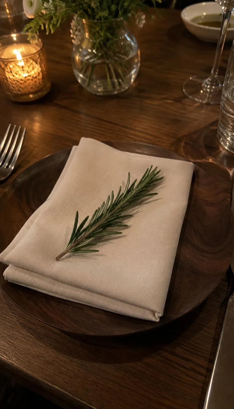Use Unvarnished Wood Plates With Fresh Rosemary Sprigs A candid, realistic iPhone photograph of an intimate dinner place setting, an unvarnished walnut wood side plate holding an ivory linen napkin and a single fresh rosemary sprig, warm ambient light