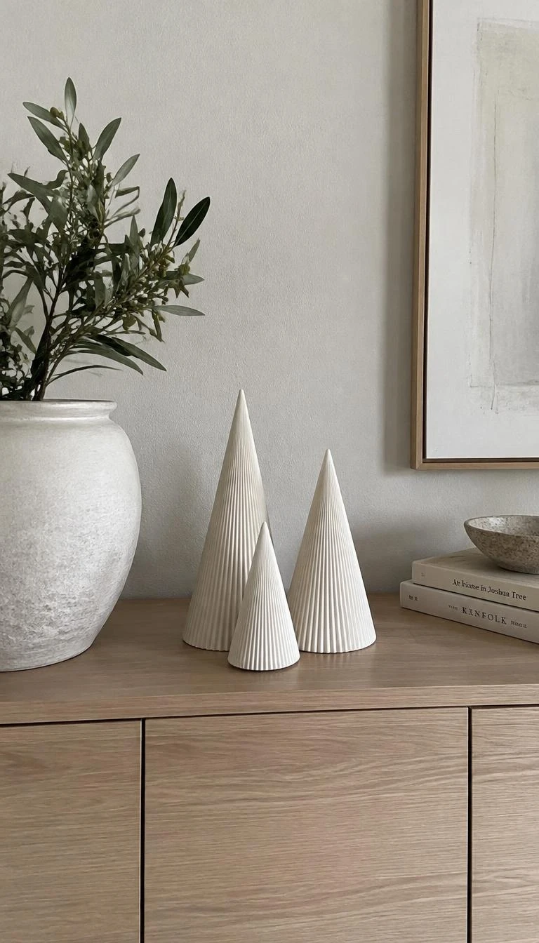 Group Fluted Ceramic Trees on Matte Wooden Surfaces A candid, realistic iPhone photograph of a light oak sideboard, a small cluster of matte chalk white fluted ceramic cone trees of different heights, soft daylight, minimalist styling, neutral textured wall behind