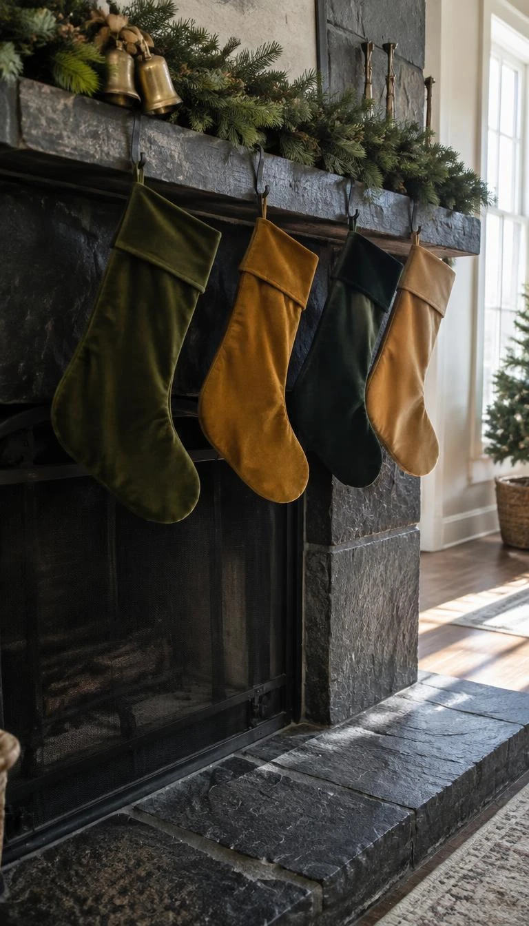 Layer Textured Velvet Stockings in Muted Moss and Ochre A candid, realistic iPhone photograph of a dark stone fireplace, four matte cotton velvet stockings hanging from simple iron hooks, muted moss green and mustard ochre tones, gentle afternoon sun