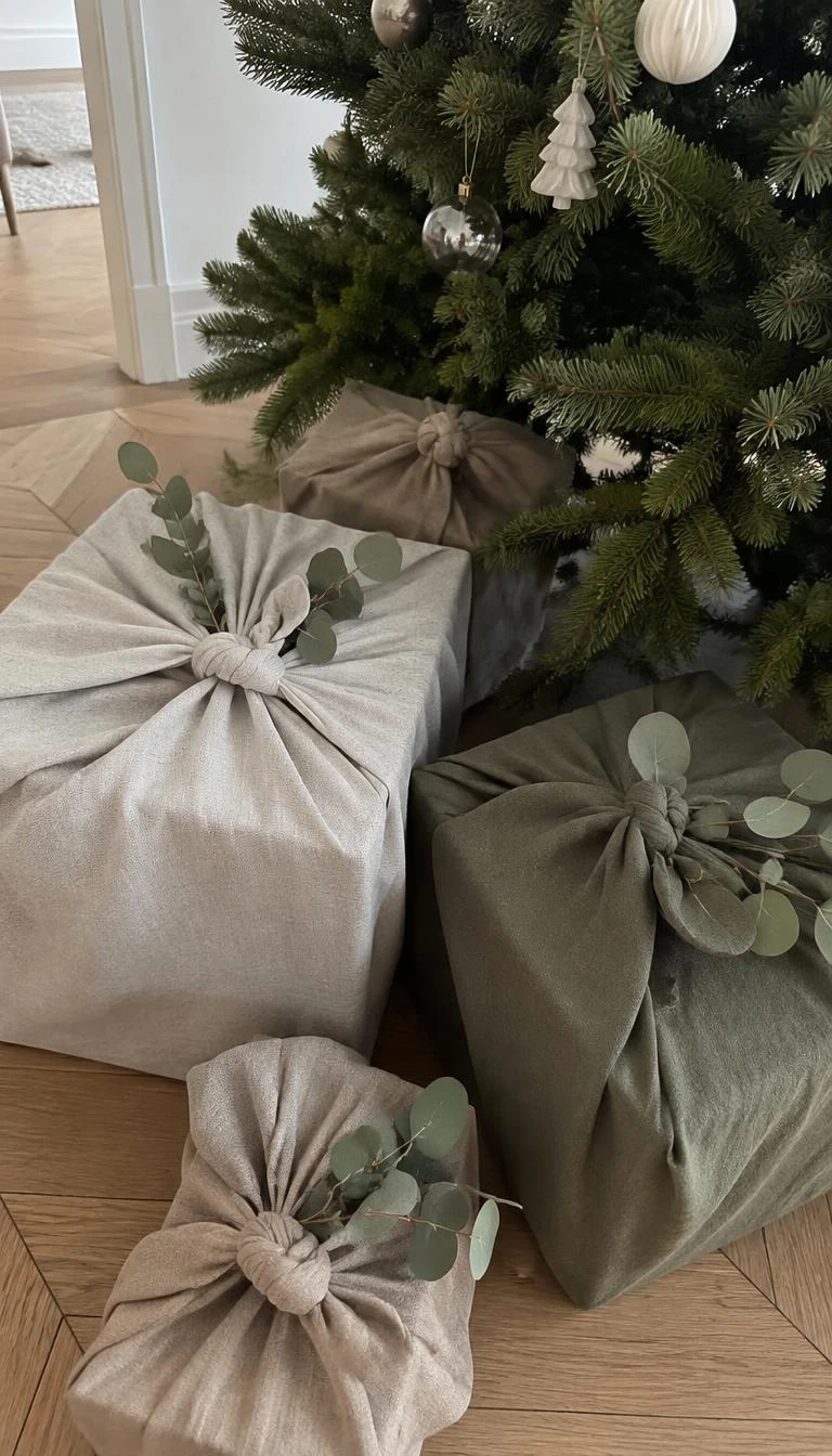 Wrap Gifts in Reusable Furoshiki Linen Cloths A candid, realistic iPhone photograph of wrapped holiday presents under a tree, raw taupe and soft olive linen fabric tied neatly with simple square knots, dried eucalyptus sprigs tucked into folds